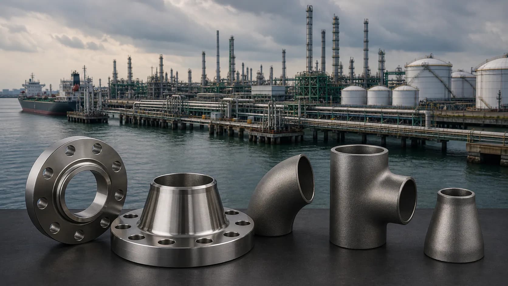 Illustrative Singapore energy and chemicals waterfront with alloy piping components