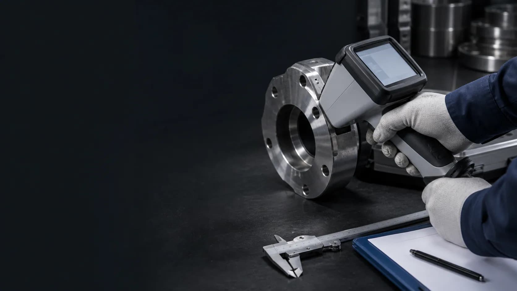Illustrative technician performing alloy identification testing on a machined flange