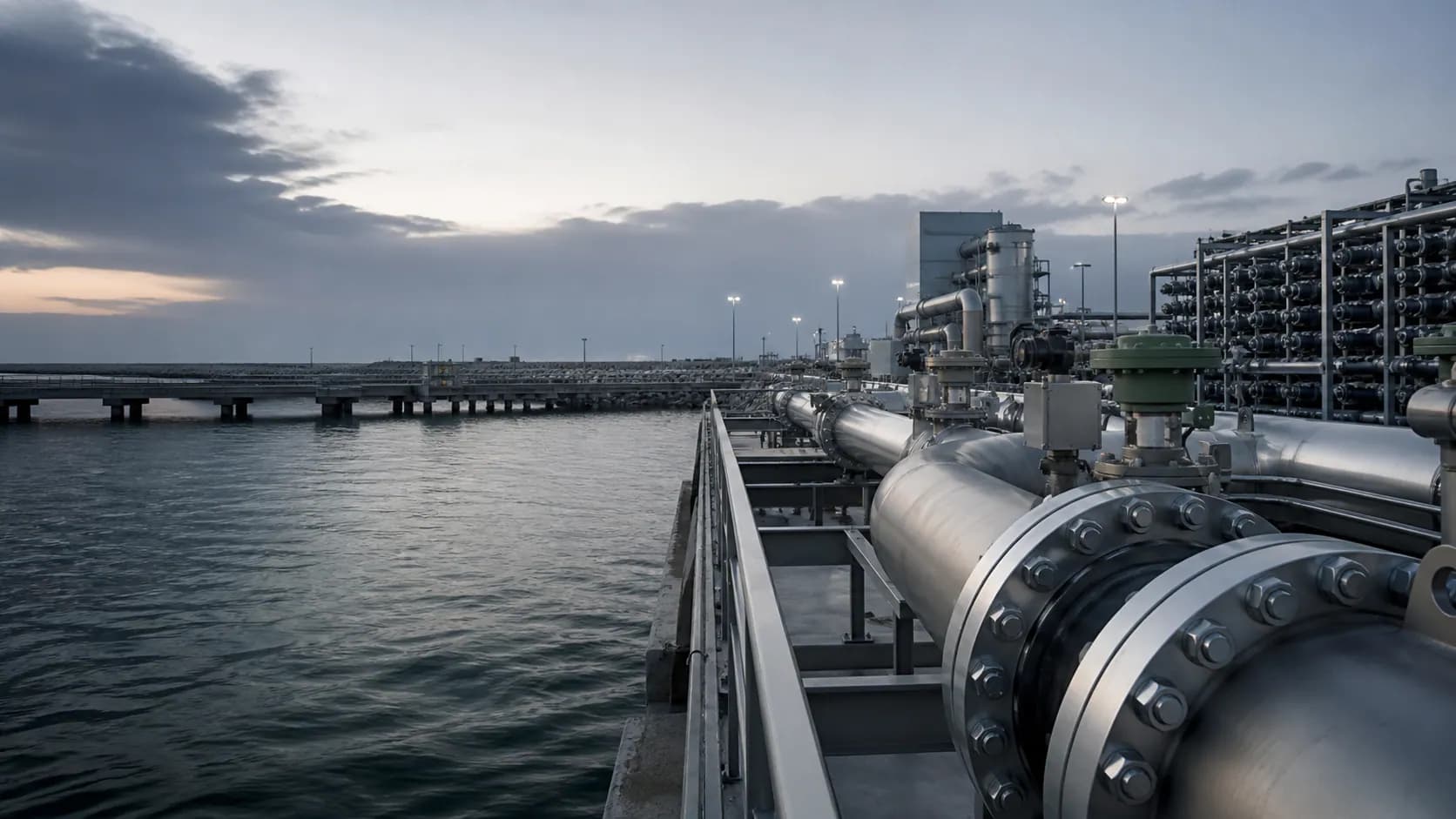Illustrative coastal desalination process plant with flanged piping for duplex alloy procurement